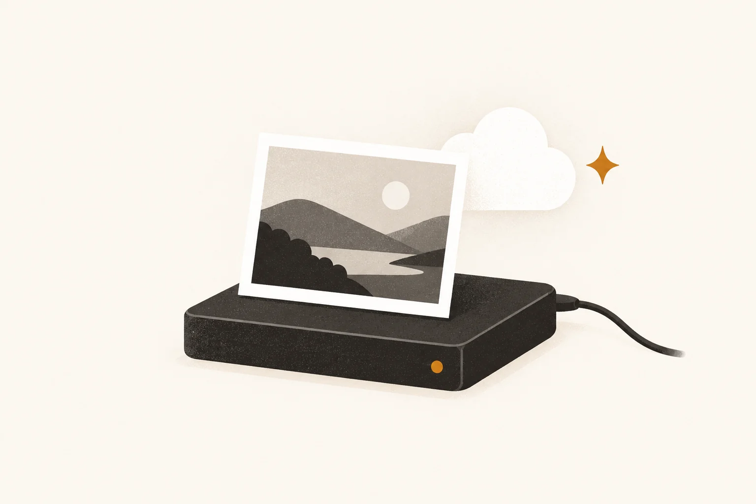 External backup drive holding a family photograph beside an off-site storage symbol