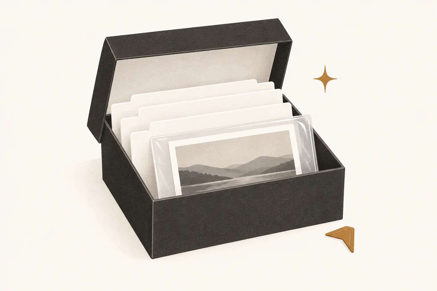 Open preservation box with paper dividers, a sleeved family photograph, and a photo corner