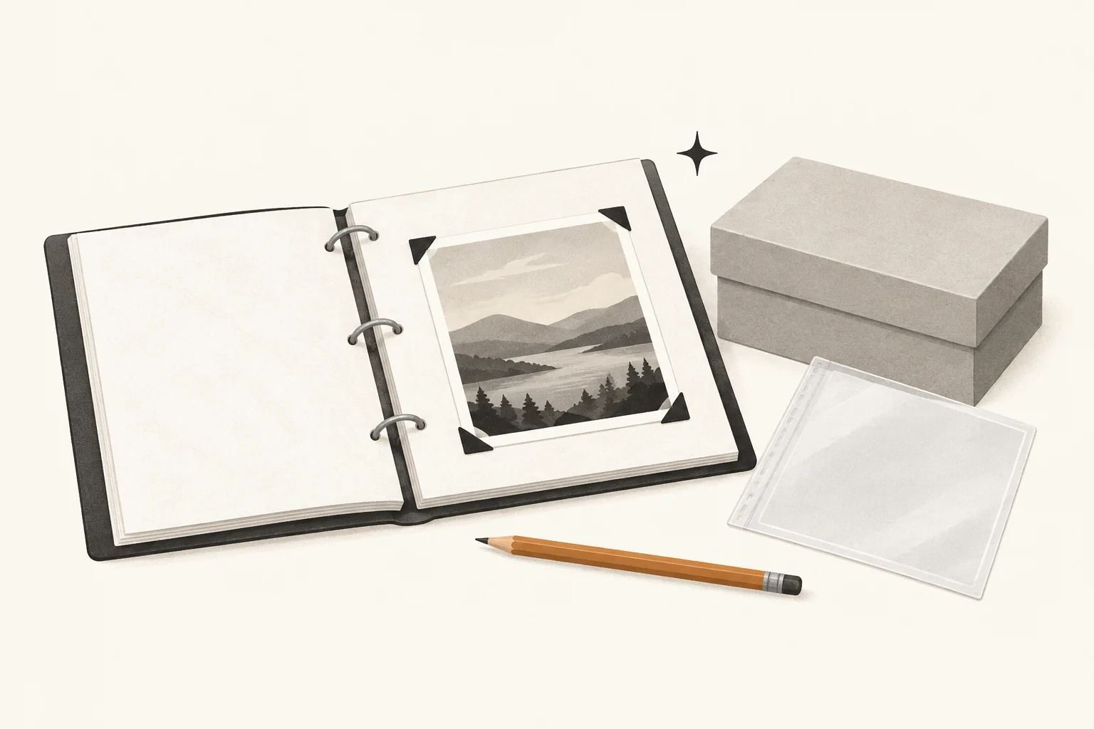 An album page with photo corners beside a clear sleeve and preservation box