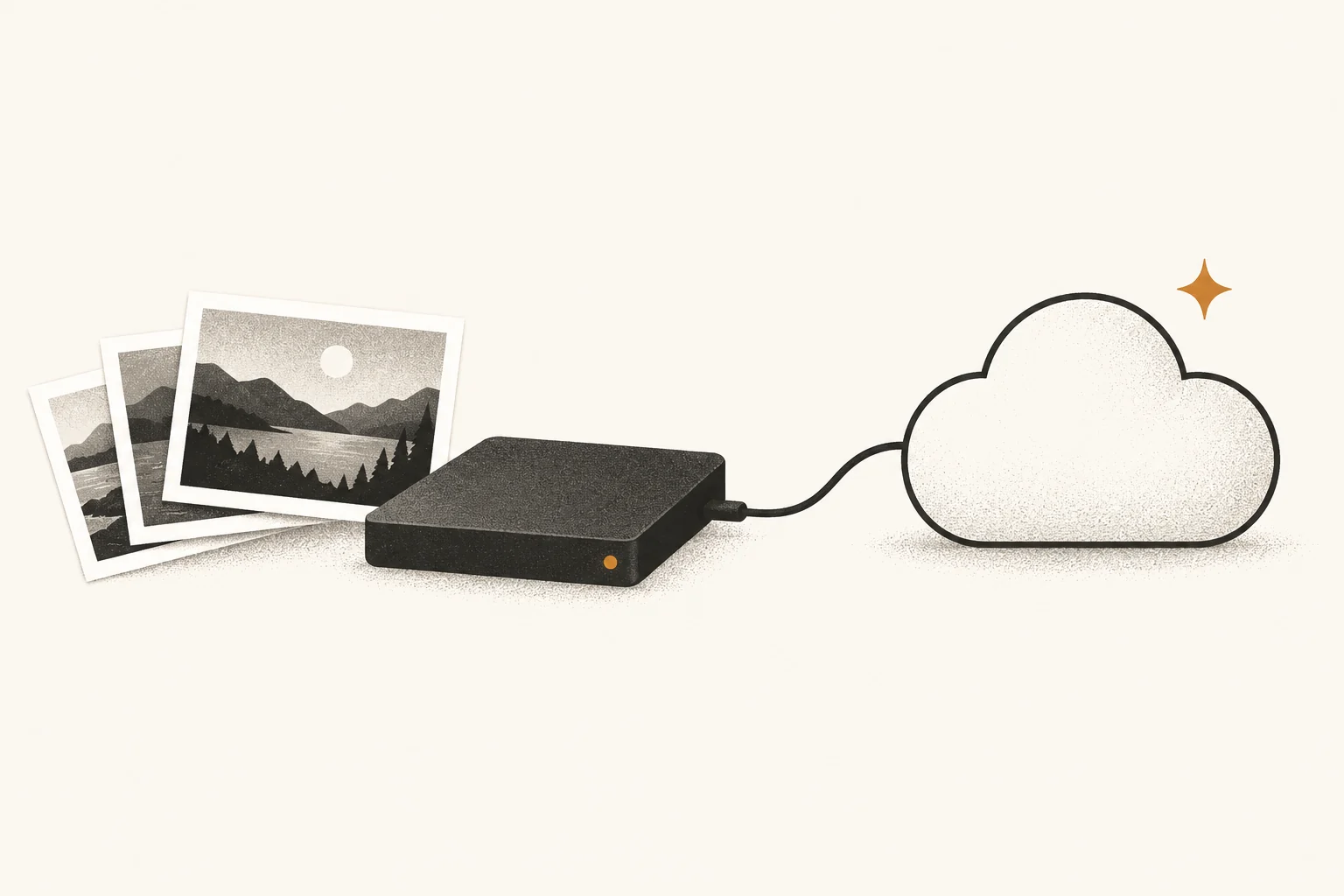 An external drive and family photographs connected to an off-site archive