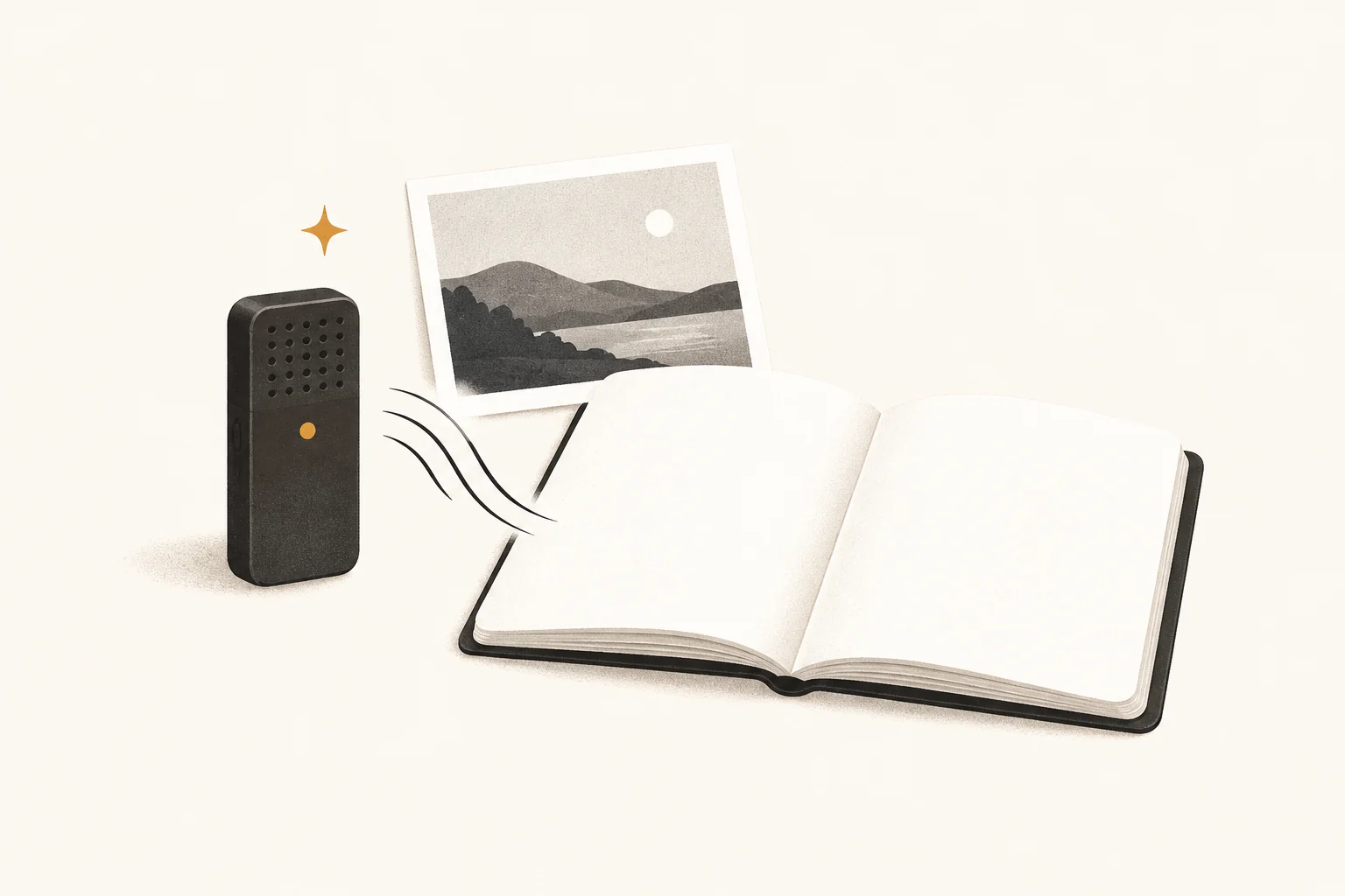 A voice recorder beside a family photograph and an open notebook