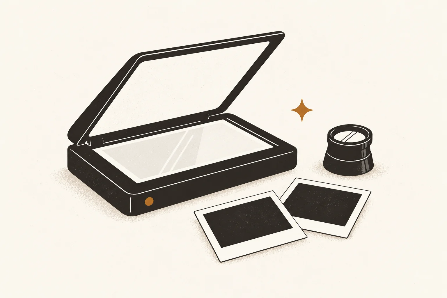 Flatbed scanner producing two photo files beside a magnifying loupe