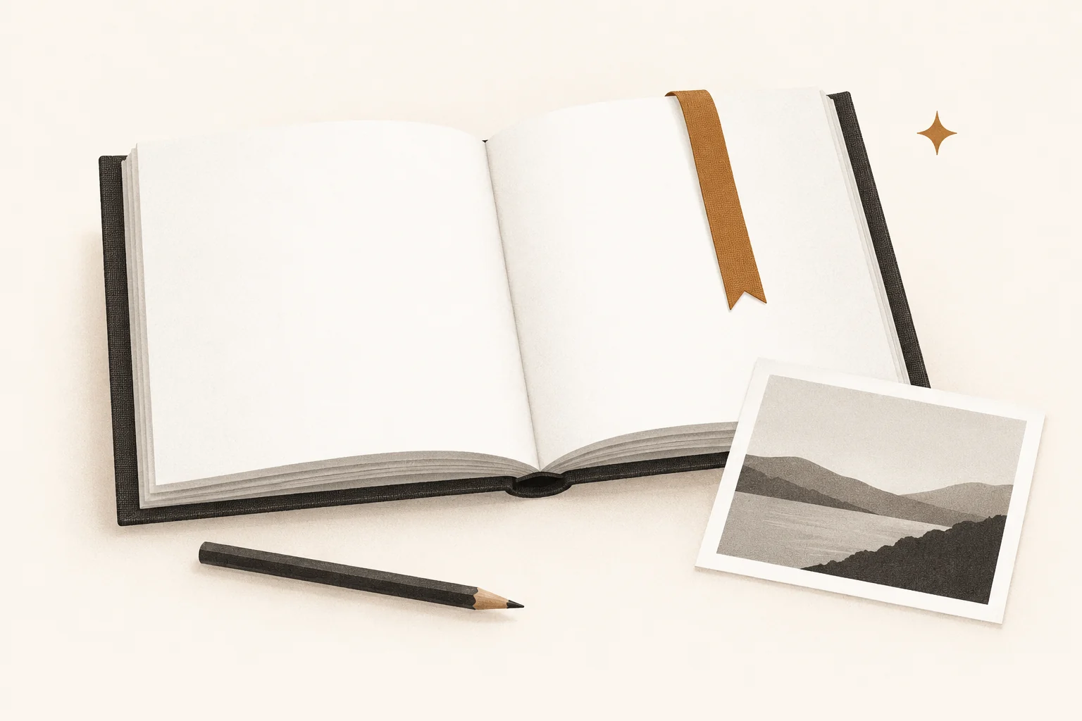 An open memorial photo book beside a loose photograph and proofing pencil