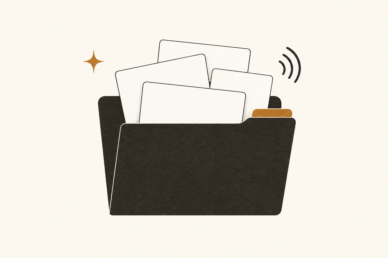 Open collection folder holding blank story cards and a voice-note symbol
