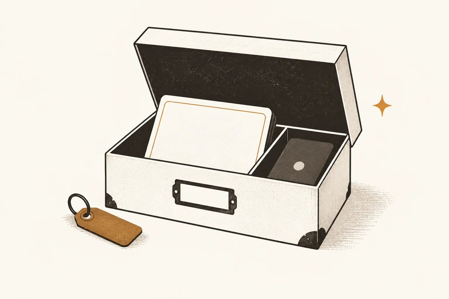 Open archival transfer box with an index card and storage drive