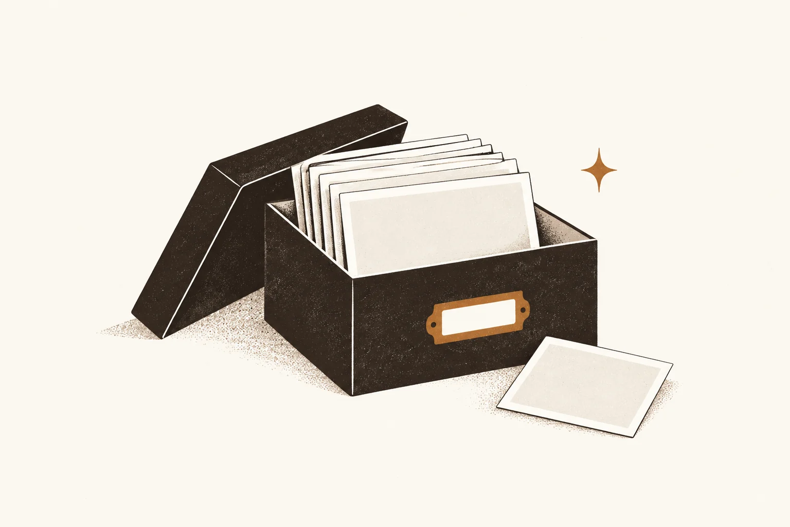 Archival photo box with sequenced photo cards and an index card