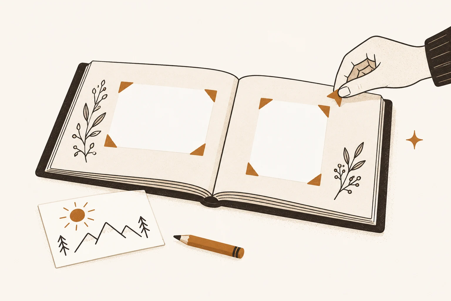 Open family memory book with a small drawing card, pencil, adult hand, and photo corner