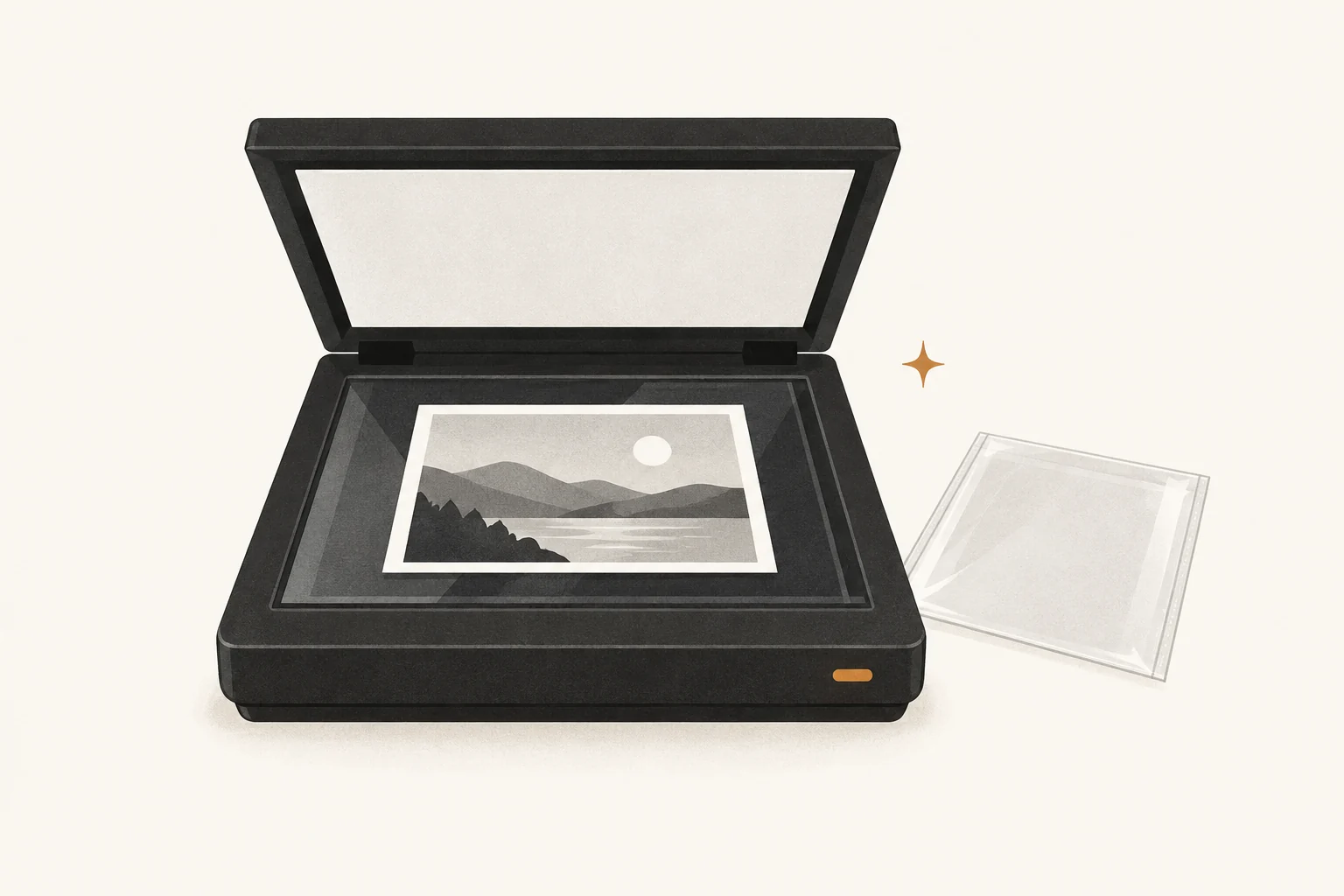 Flatbed scanner holding a family photograph beside an archival sleeve