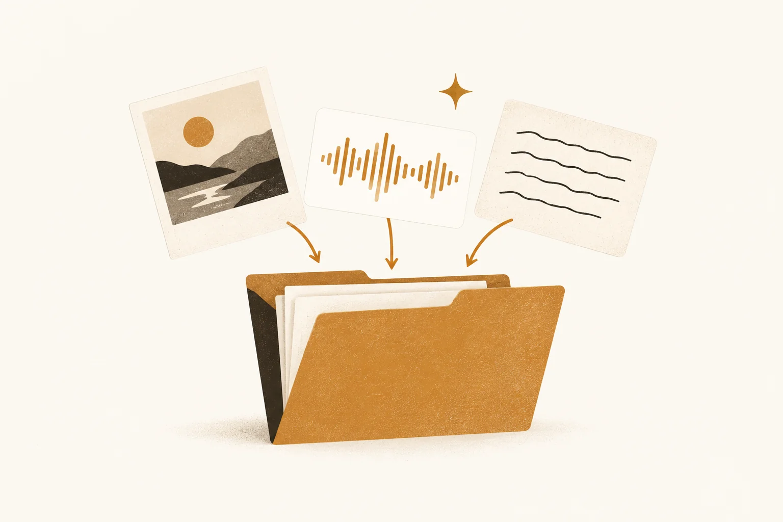 Collection folder receiving photograph, voice, and written memory contribution cards