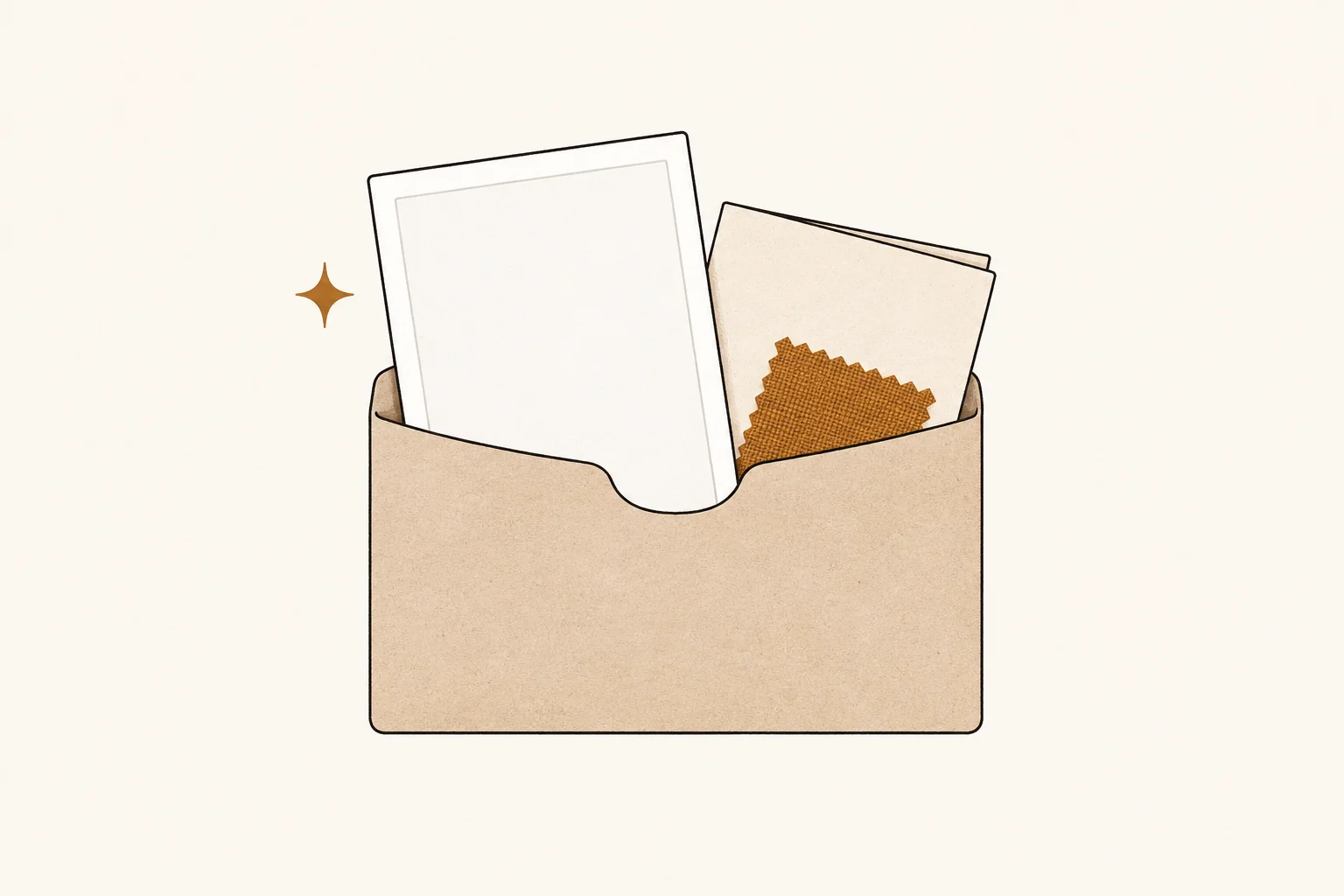 Archival pocket holding a photograph, folded note, and fabric swatch