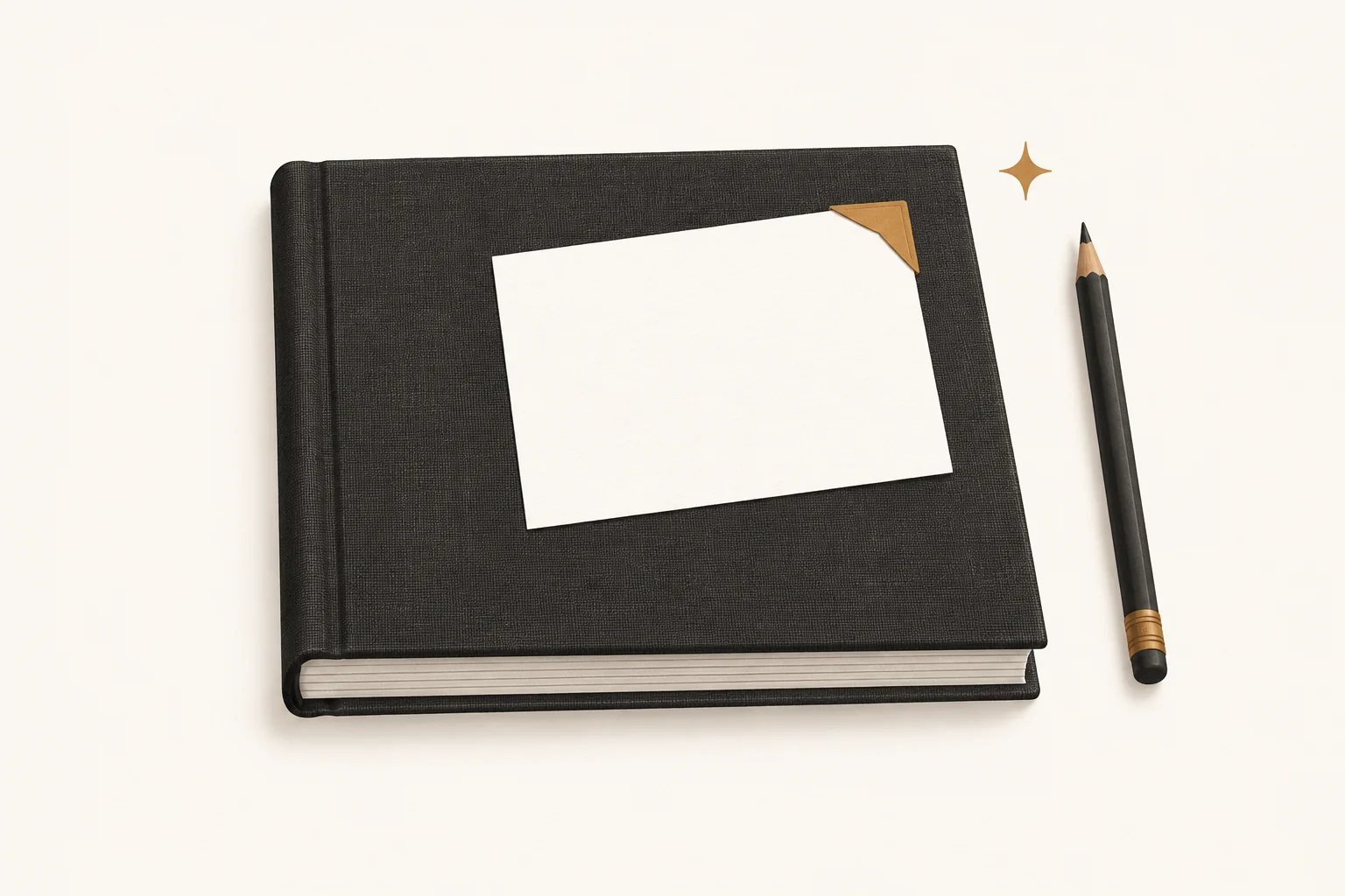 Closed scrapbook, blank checklist card, pencil, and archival photo corner
