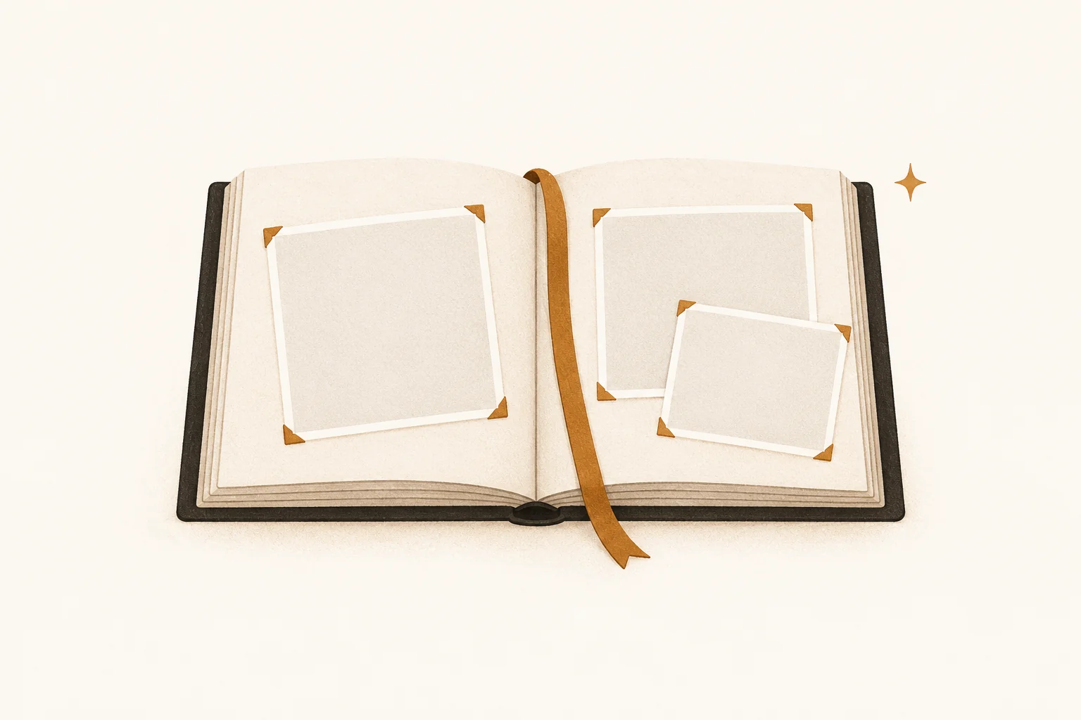 Open memory book with three blank photographs and a resting bookmark