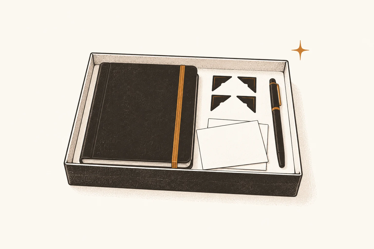 Open supply box with a pocket album, photo corners, caption pen, and blank cards