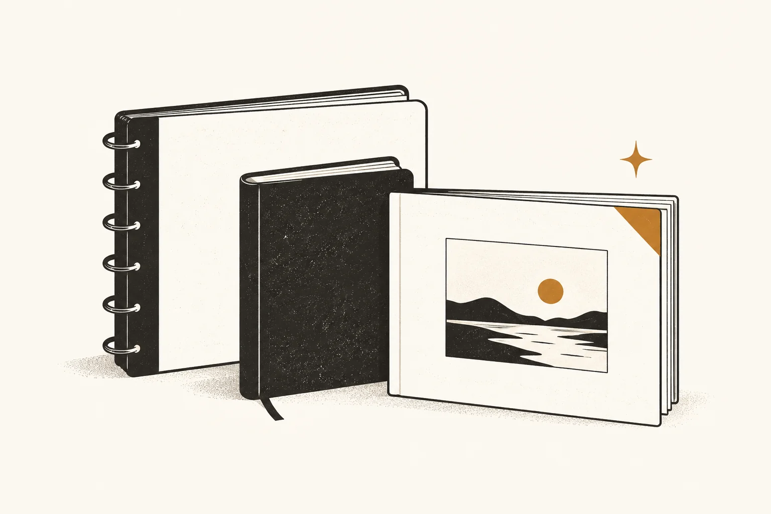 Three blank book formats: a ring-bound album, a bound memory book, and a printed photo book