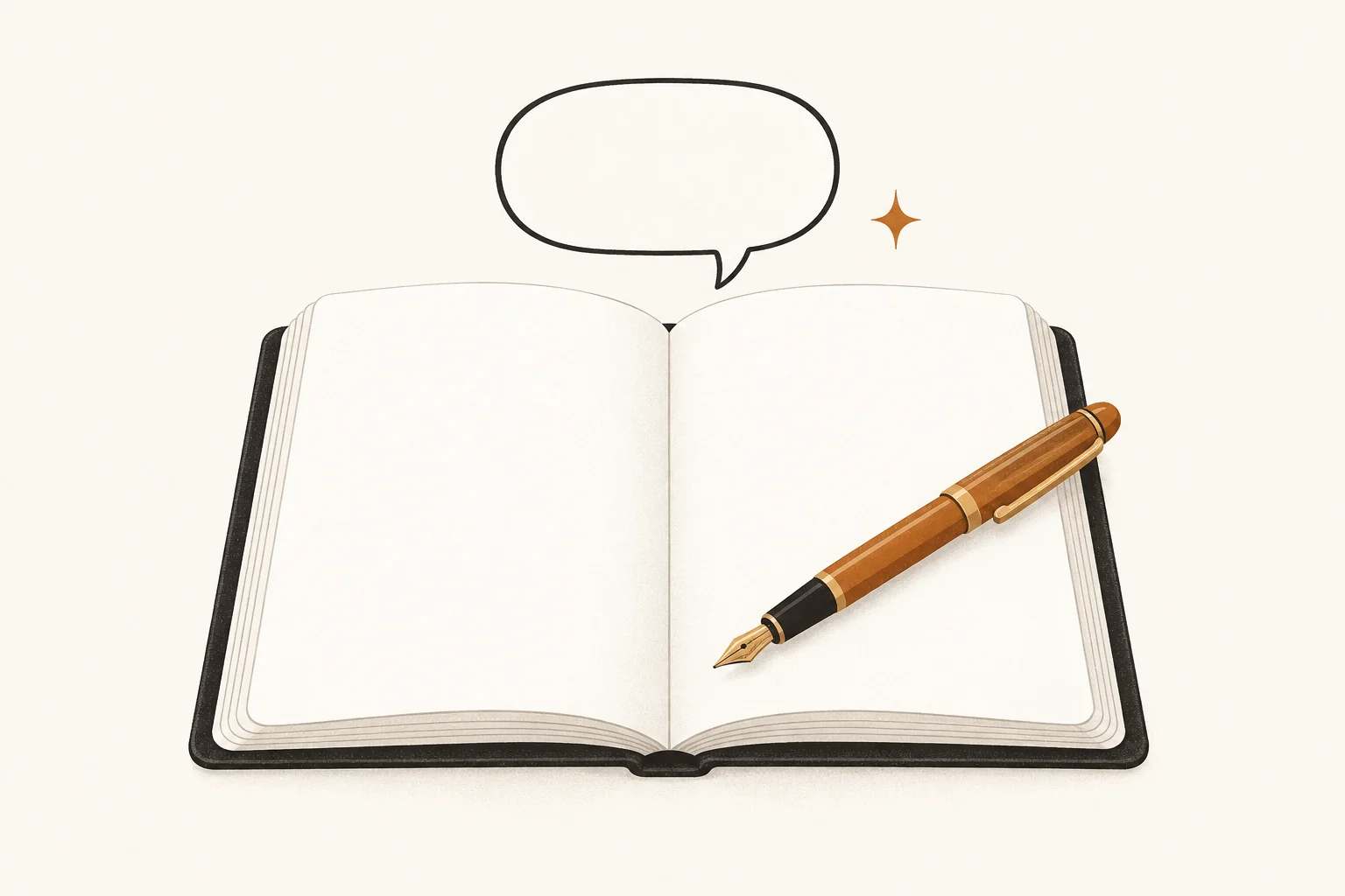 Open blank notebook with a speech bubble and amber fountain pen