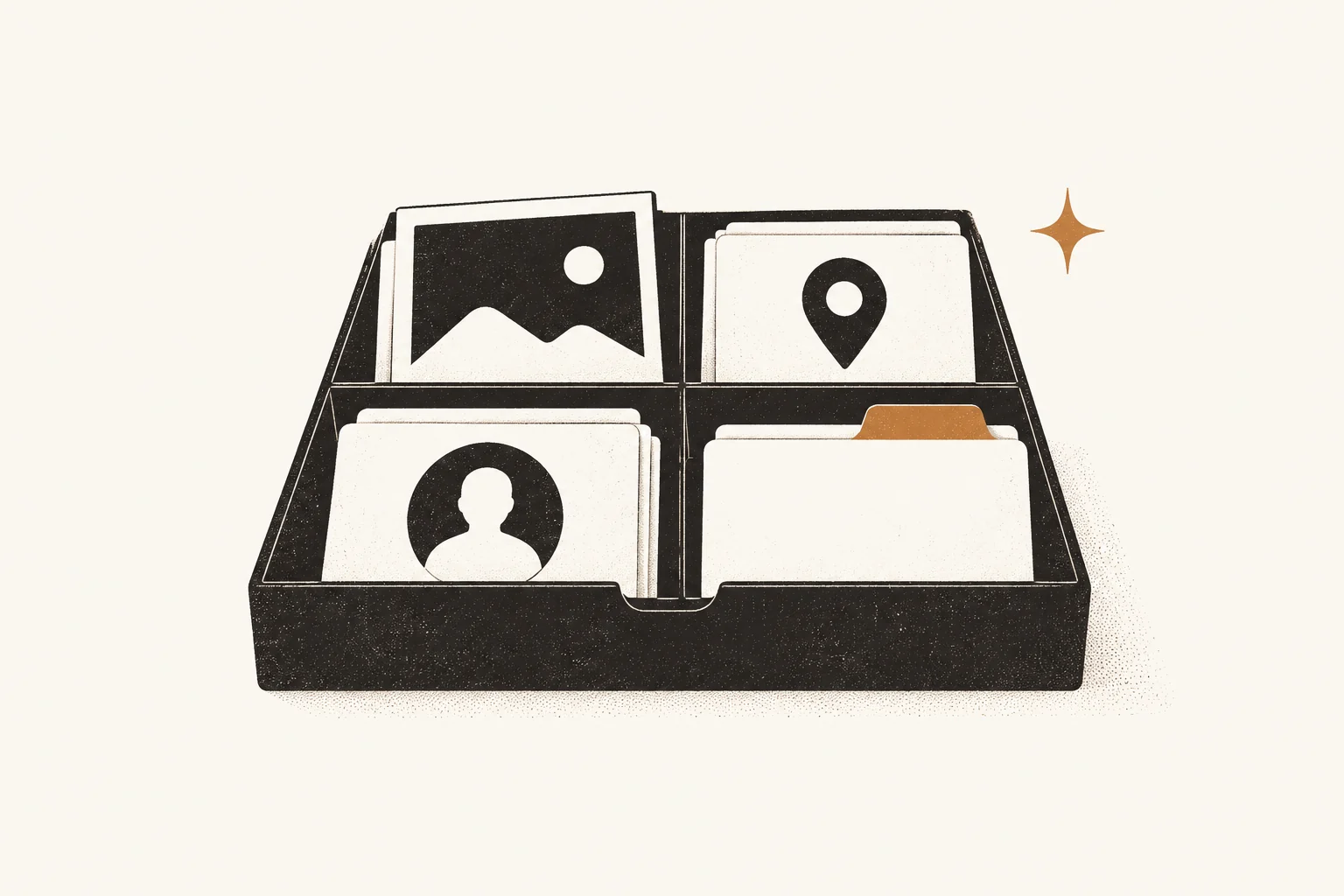Archival sorting tray with four compartments for photographs, people, places, and themes