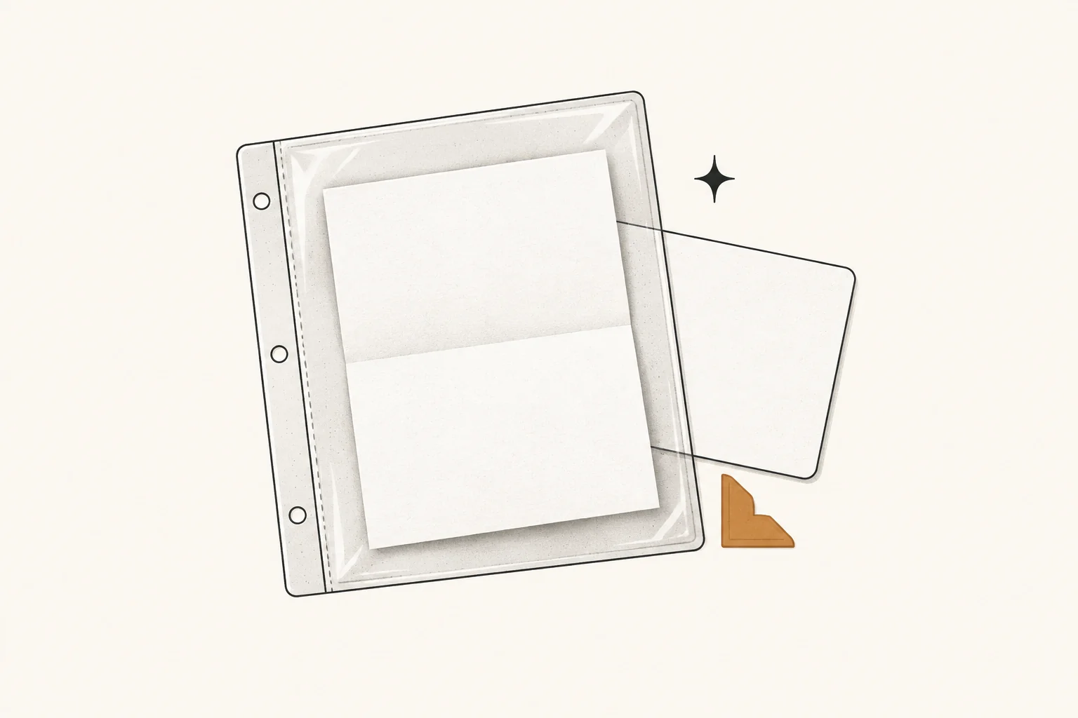 A transparent preservation sleeve holding three paper keepsakes beside binder rings