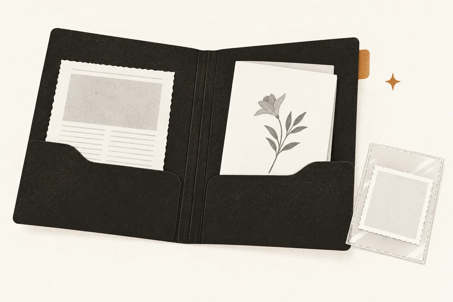 Open archival folder holding a newspaper clipping and folded program