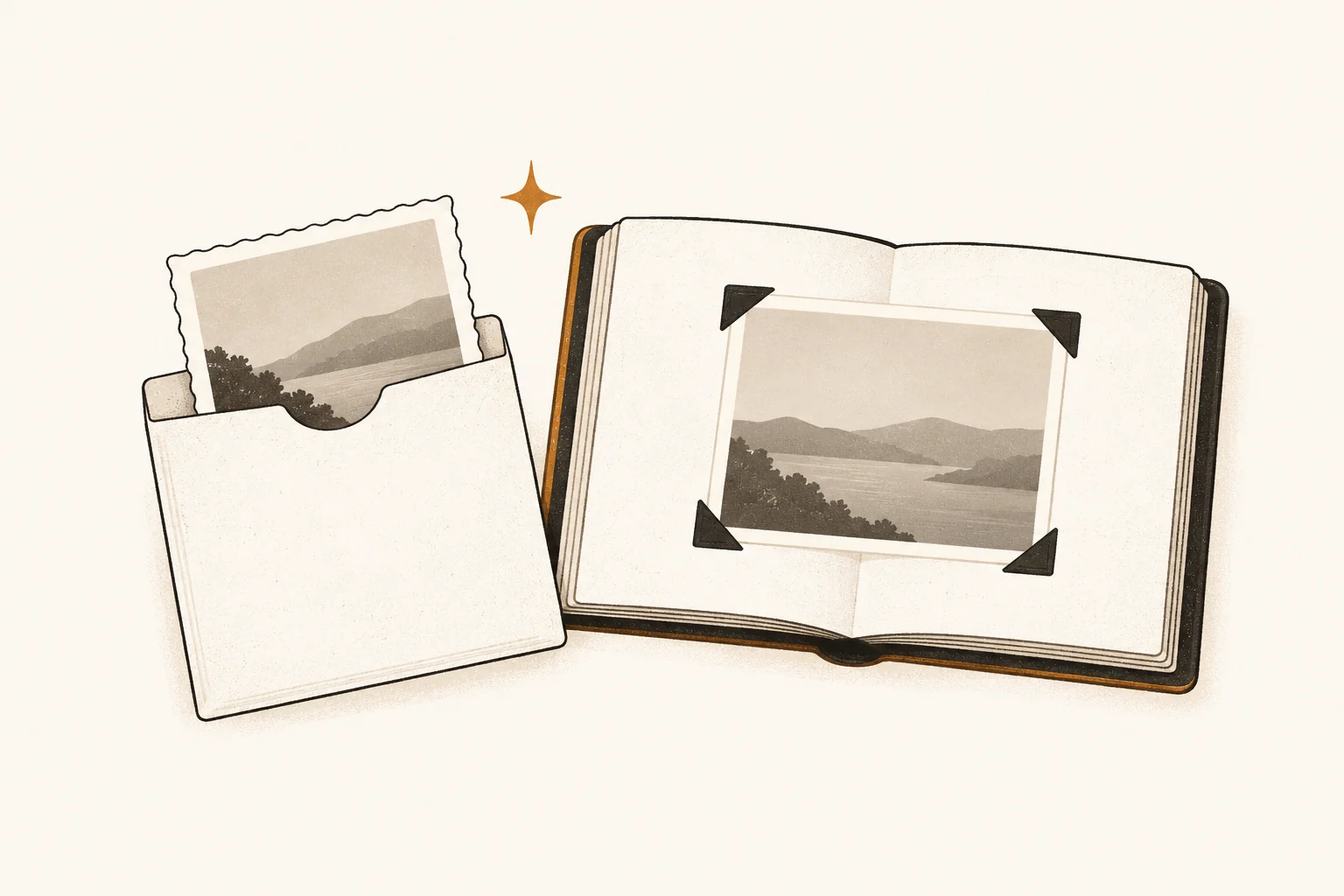 Family photograph protected in an archival sleeve beside a memory-book page with photo corners