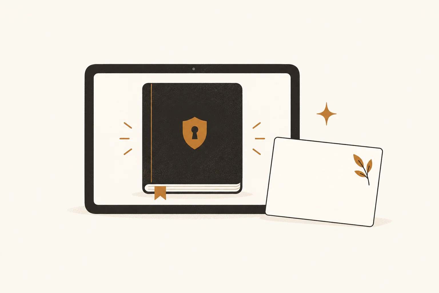 Digital book on a tablet with a keyhole shield and recipient card