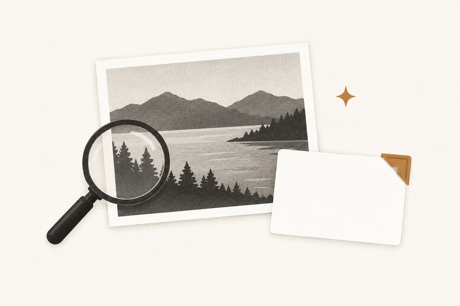 Old family photograph beside a magnifying glass and blank caption card